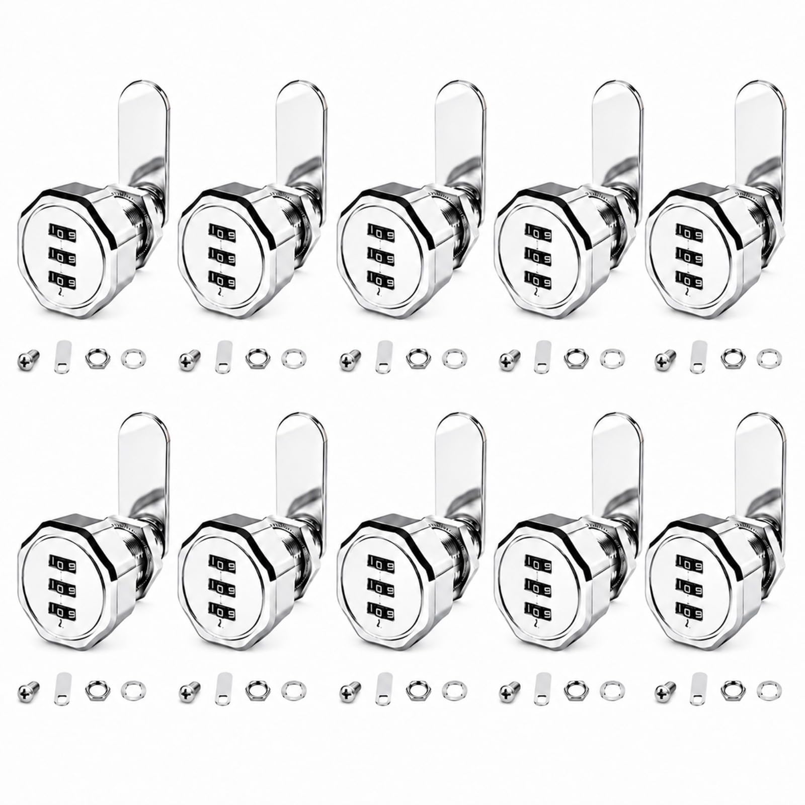 Cerradura de combinación para armarios, cerradura sin llave de 3 dígitos, cilindro de 5/8", cerradura de seguridad metálica para cajones de archivo y almacenamiento de oficina.(Silver,10PCS)