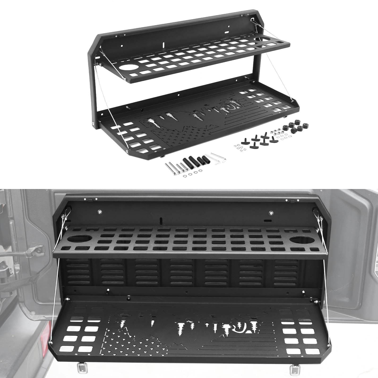 Hoolcar Tailgate Table Double-Layer Foldable Table Cargo Shelf Storage Rack Compatible with Jeep Wrangler JK JKU JL JLU 2007-2024, Support up to 100lb Storage Cargo Luggage Holder Carrier, Black