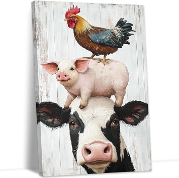 YMXZHUANSH Farmhouse Animal Canvas Wall Art Cow Pig Rooster Picture for Kitchen Wall Decor Rustic Farm Poster Print Framed Ready to HangBlack 12L x 18W