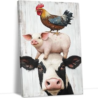 YMXZHUANSH Farmhouse Animal Canvas Wall Art Cow Pig Rooster Picture for Kitchen Wall Decor Rustic Farm Poster Print Framed Ready to Hang(Black 12L x 18W)