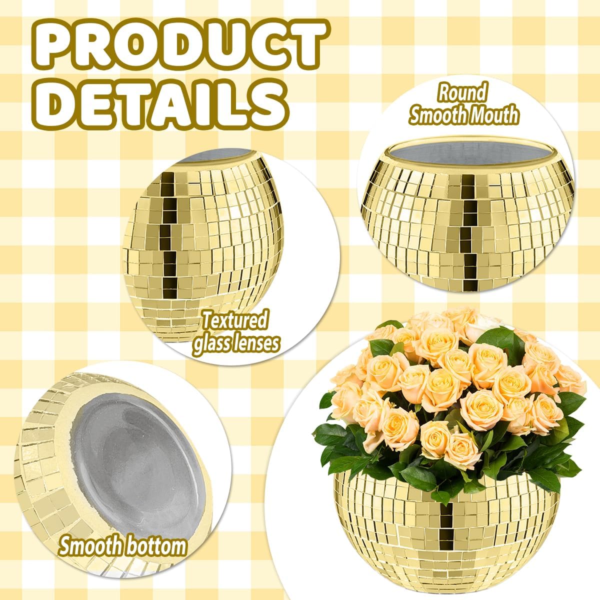 4 PCS Disco Ball Vase & Candle Holder, 5x6inches Mirrored Disco Ball Planter - Perfect Decoration for Living Room, Bedroom, Dining Table, Wedding, Party, Birthday（5x6Gold）