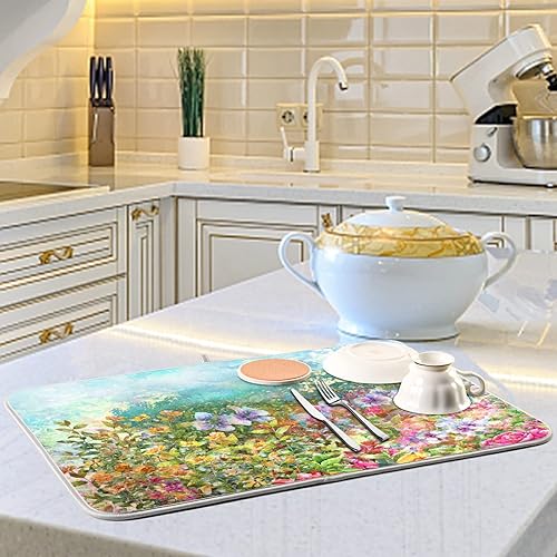 Vista 56 de Tapete de secado de platos de flores de fondo negro para encimera de cocina de 18 x 24 pulgadas, tapete de microfibra absorbente, tapete de secado