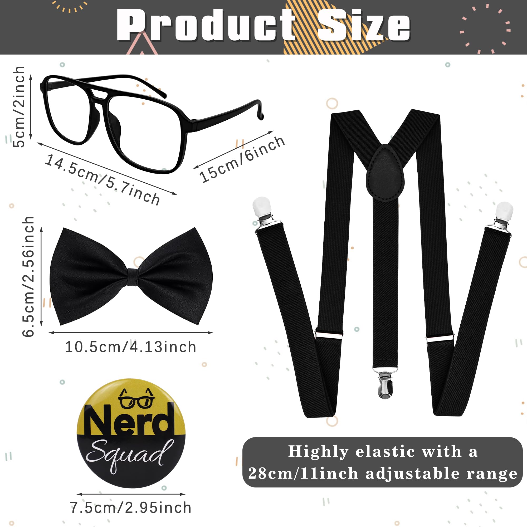 Yezmo 4 PCS Nerd Costume Accessories, Nerd Costume Set including Black Suspenders Bow Tie Glasses Badge for Men Women for Cosplay - Image 2