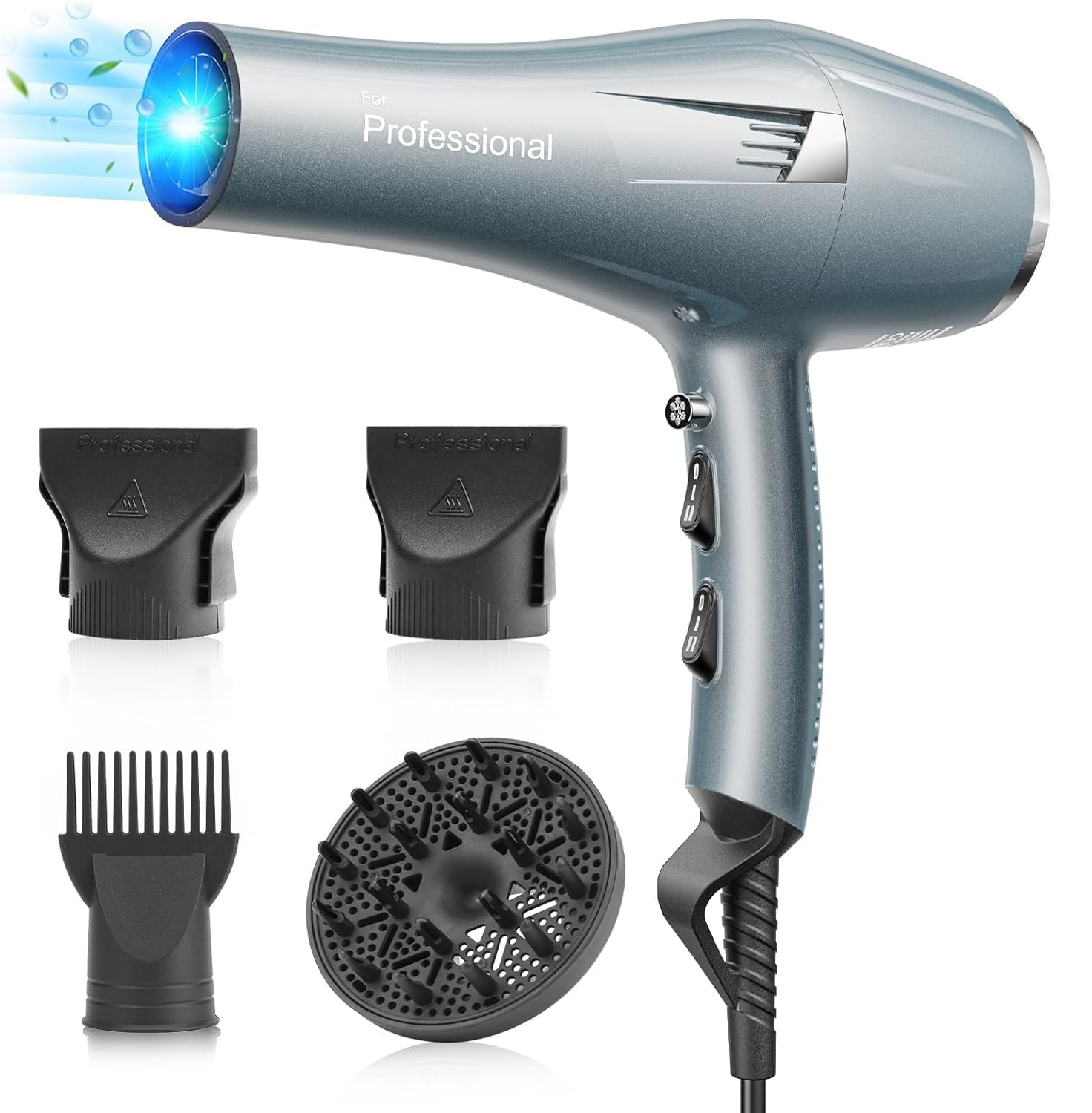 Phon Capelli Professionale Asciugacapelli lisci Rapida Asciugatura per Salone e Casa (3 Calore.2 Velocità, Diffusore+2 Ugelli, Cavo 2,5m) (Blu)