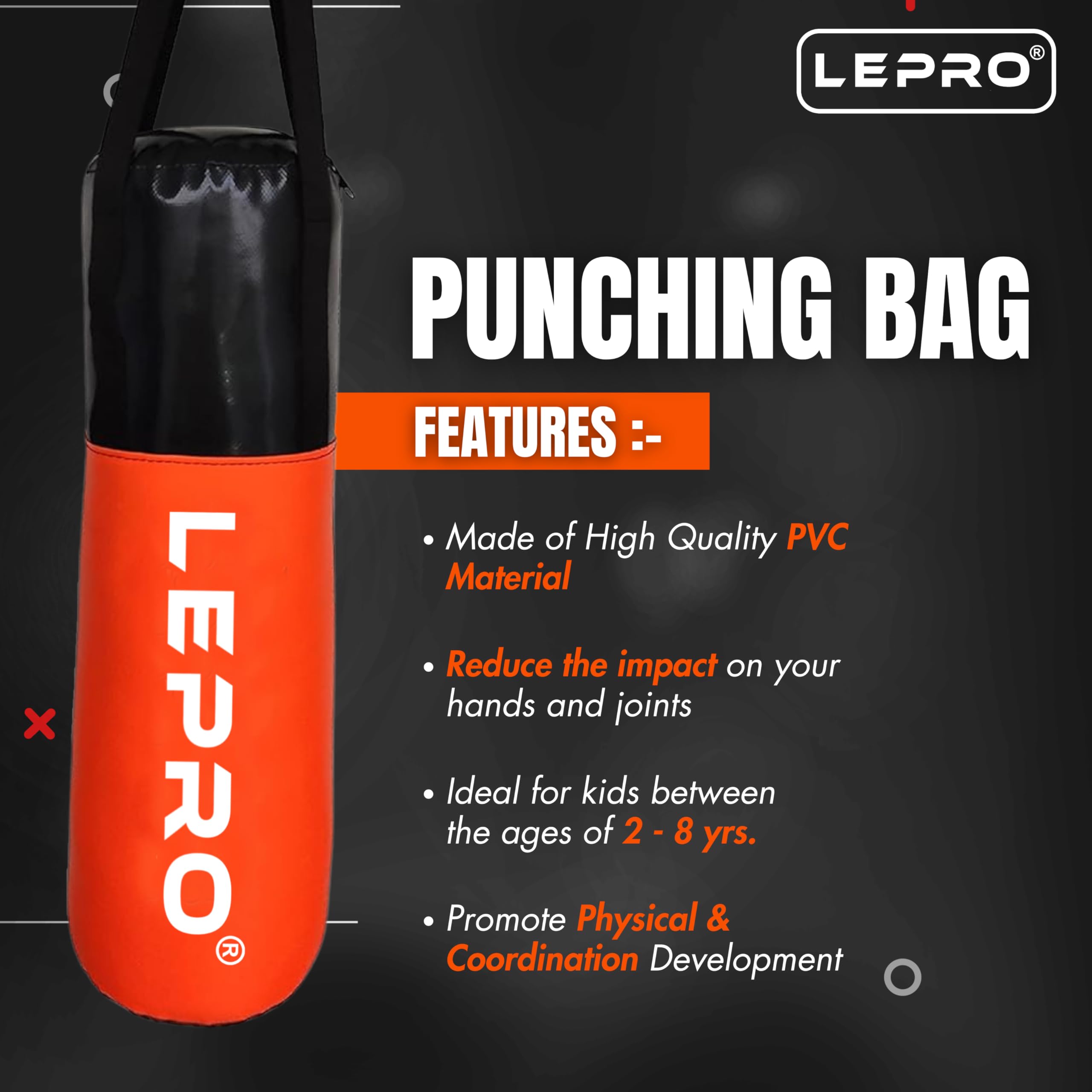 LEPRO Kids Boxing Kit - Hanging Punching Bag Set with Boxing Gloves & Headgear for 7-12 Year Olds - Orange 1