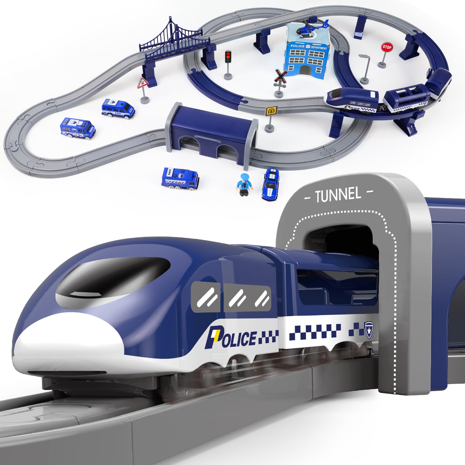 Wdmiya Treno elettrico per bambini， Binario flessibile con 92 pezzi, veicoli da costruzione e gioco su binari Natale o Capodanno， Bambini di 3 4 5 6 7 anni
