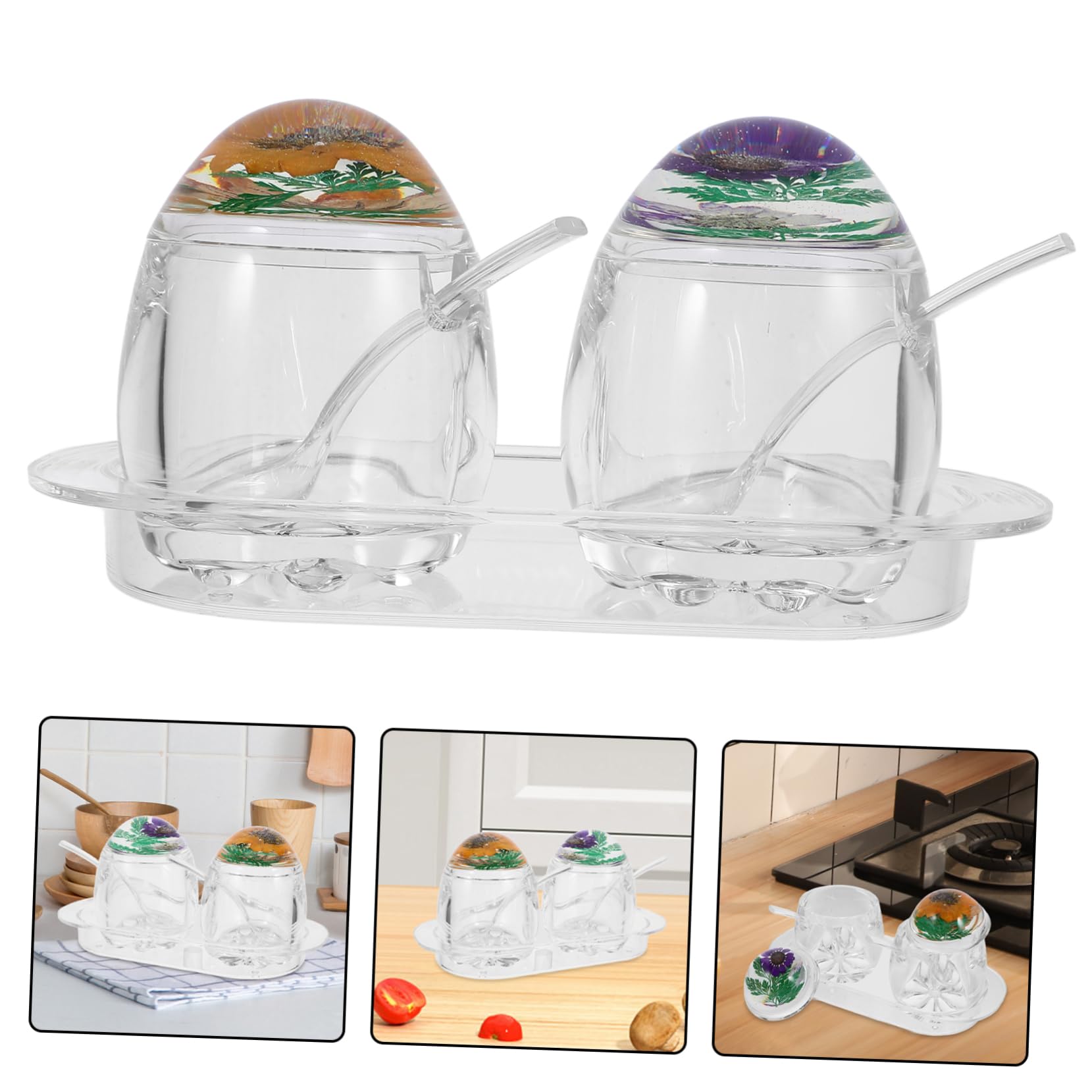 Boîte à Épices Transparente Couvercle Floral et Cuillère, Pot à Condiments en Acrylique, Lot de 2 Set, Accessoire Multifonction Cuisine, Rangement Compact et Décoratif