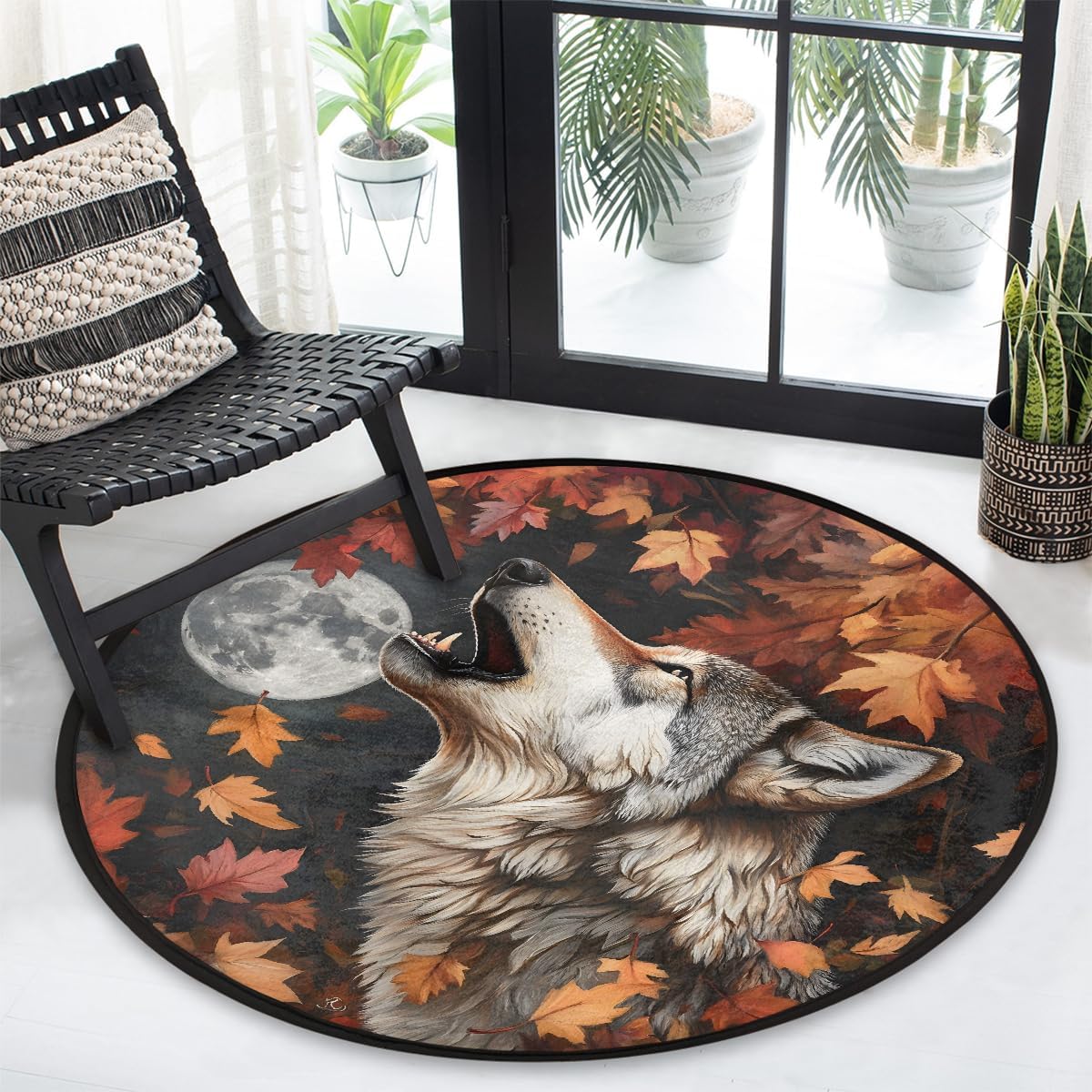 5 Ft Small Round Rug Fall Wolf Leaves Soft Circle Area Rugs Non Slip Washable Circular Door Mat for Indoor Bedroom Living Room Nursery Kitchen Bathroom Entryway Home Carpet Decor