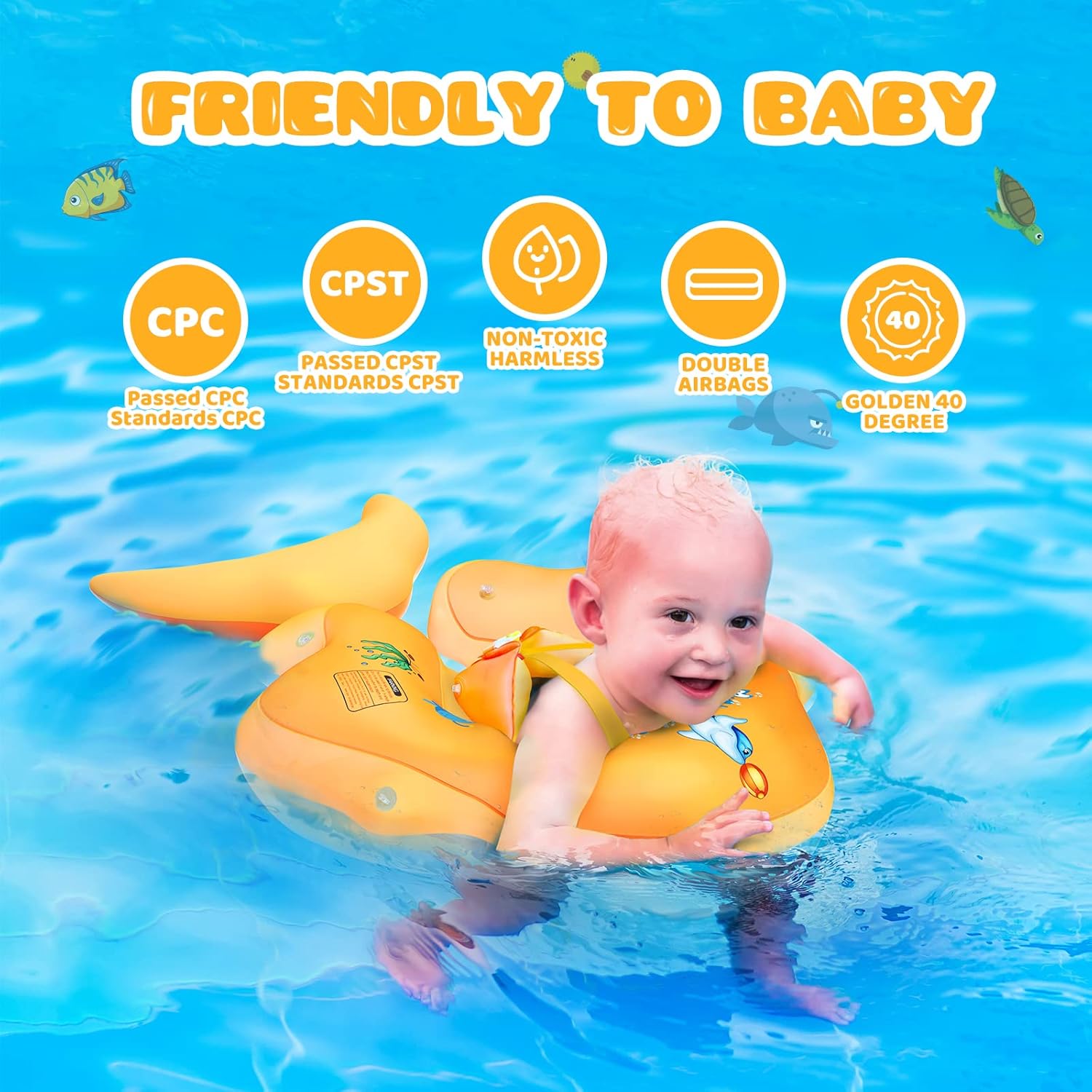 No Flip Over Baby Pool Float with Canopy UPF50+ Sun Protection, Inflatable Baby Float with Sponge Safety Support Bottom, Fun Gifts Water Toys Accessories Baby Swim Floats for Pool 3-36 Months