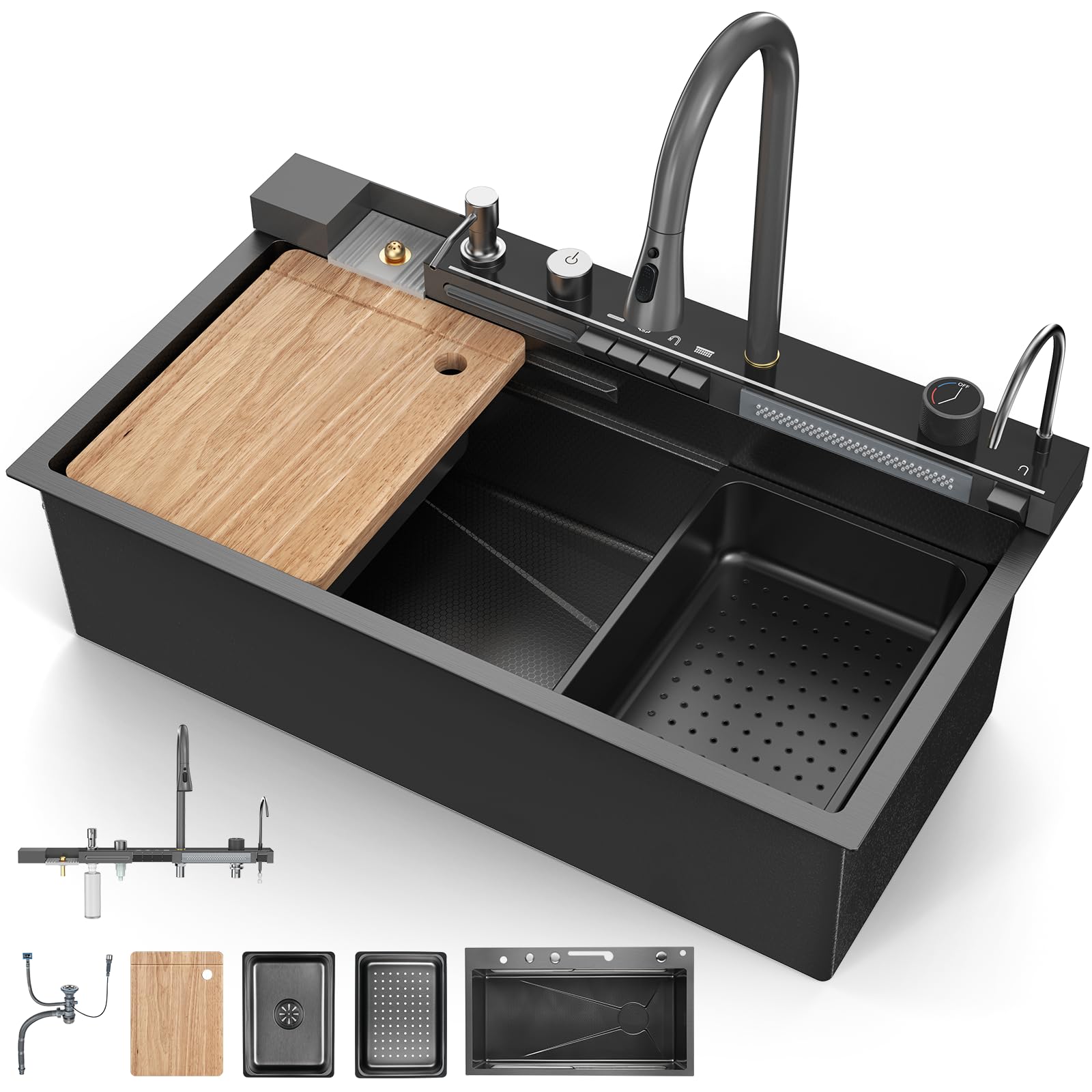 Évier de cuisine avec siphon trop-plein bonde cascade moderne encastrable 80cm