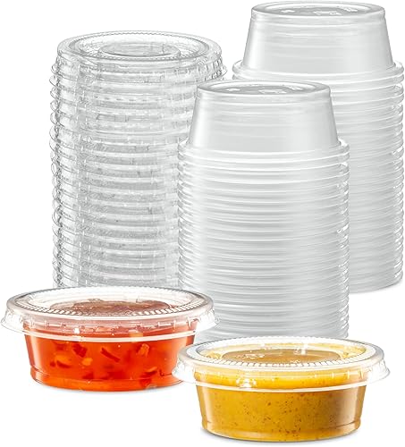 1.5 oz 100 juegos Vasos de plástico transparente con tapas, pequeños recipientes pequeños para control de porciones, chupitos de gelatina,