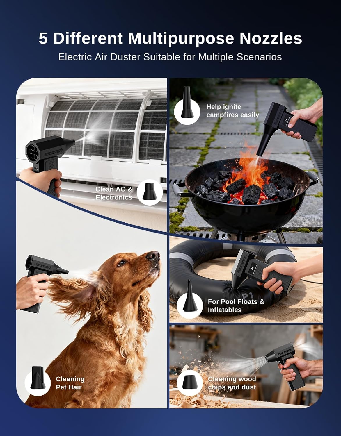 Compressed Air Duster - Rechargeable Electric Air Blower for Keyboard,Camera,PC Vents,Car Interiors & Home,Outdoor Dusting - 280,000 RPM,5 Nozzles,4 Speeds,Fast Charging