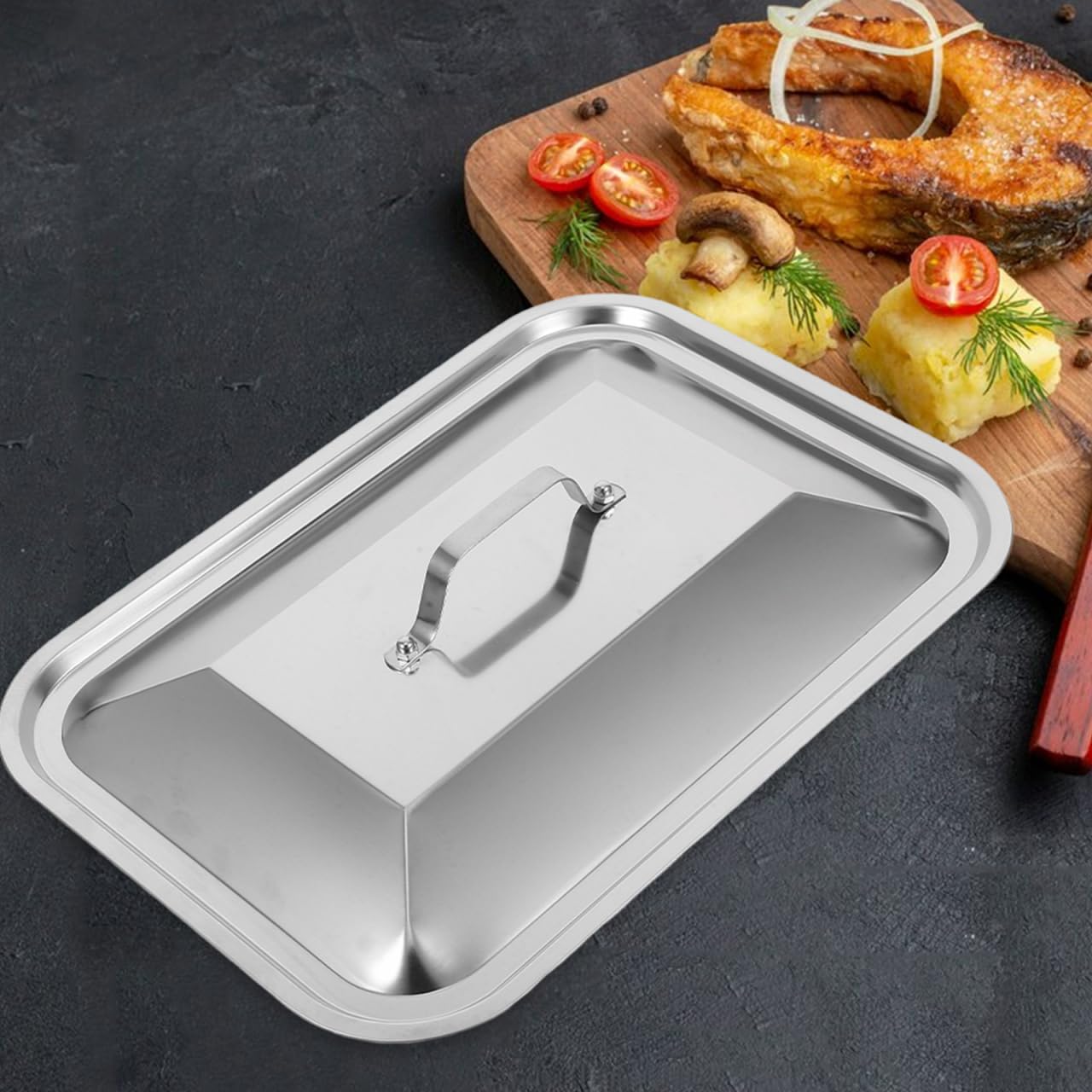 Tapa De Bandeja De Acero Inoxidable Con Asa Para Bandejas Rectangulares De Horno 13.58X9.64In Cubierta Antisalpicaduras Ideal Para Reuniones Familiares Picnics Y Barbacoas Al Aire Libre