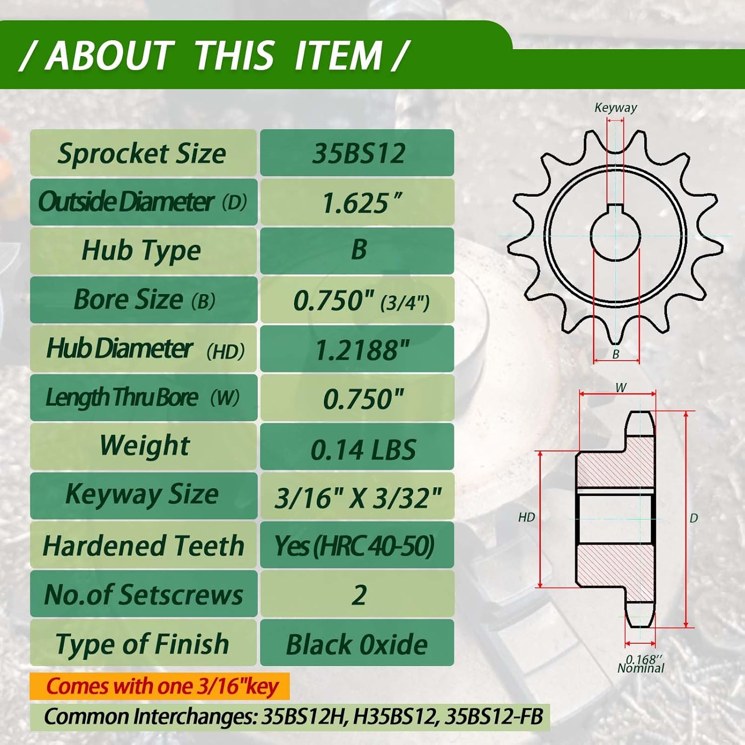 #35 Roller Chain Sprocket 12 Tooth 3/4" Bore (3/16" Keyway) Black Oxide Rust-Proof with 2 Set Screws & Key Included for Mini Bike Go-Kart Clutch Performance, Hardened 1045 Steel 35BS12-3/4