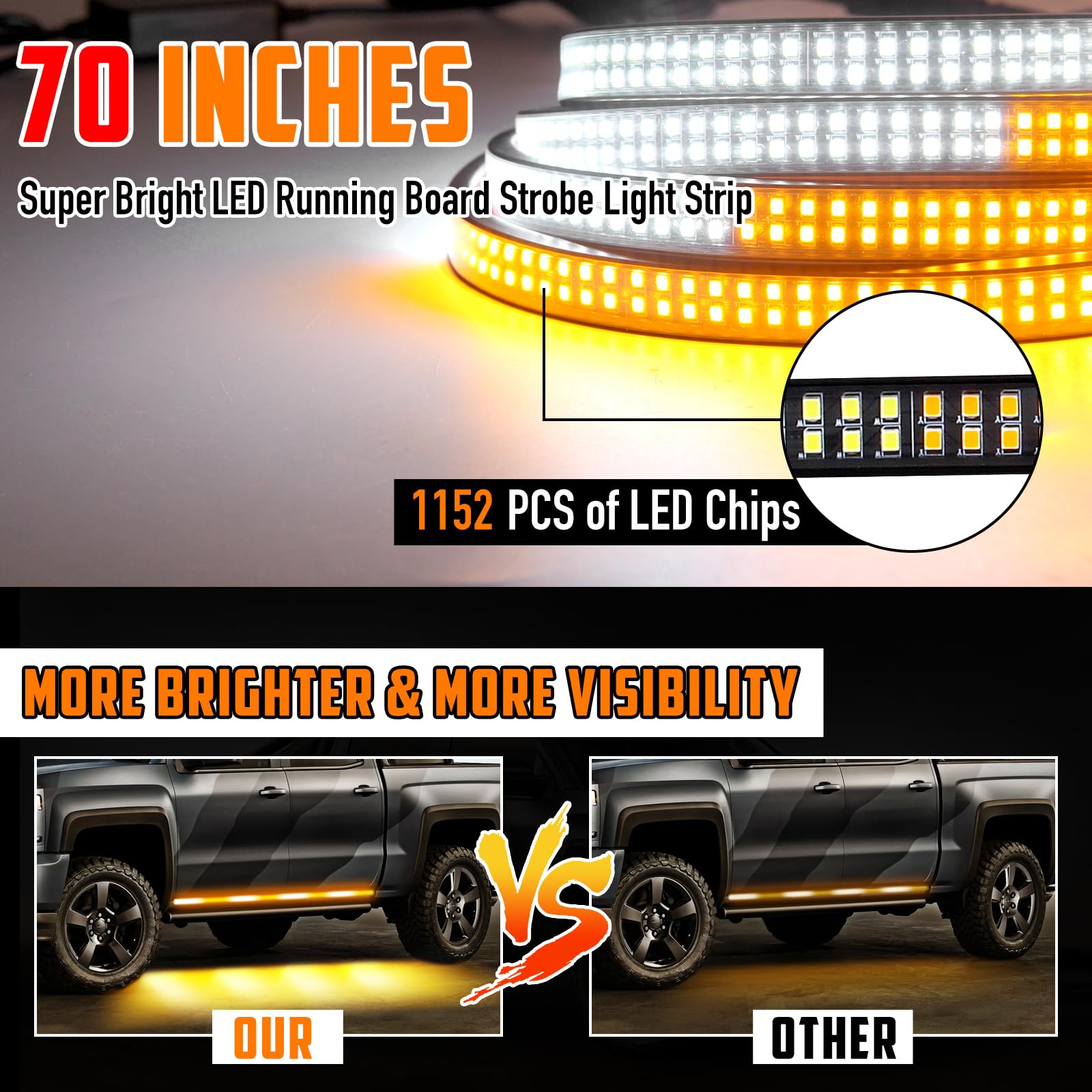 Luz LED 2 en 1 para Estribo de 70 Pulgadas, Tiras de luz estroboscópica de Emergencia, Barra de luz estroboscópica LED ámbar y Blanca, 1152 LED, Impermeable, luz estroboscópica de Seguridad