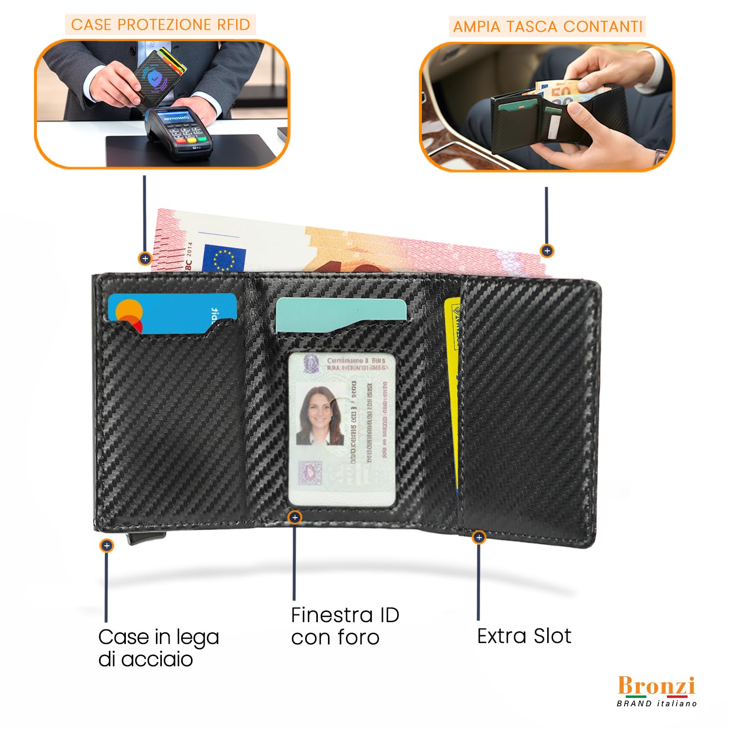 Portafoglio Uomo Slim Piccolo con Protezione RFID e Portamonete - Portacarte Donna Portatessere - Brand Italiano