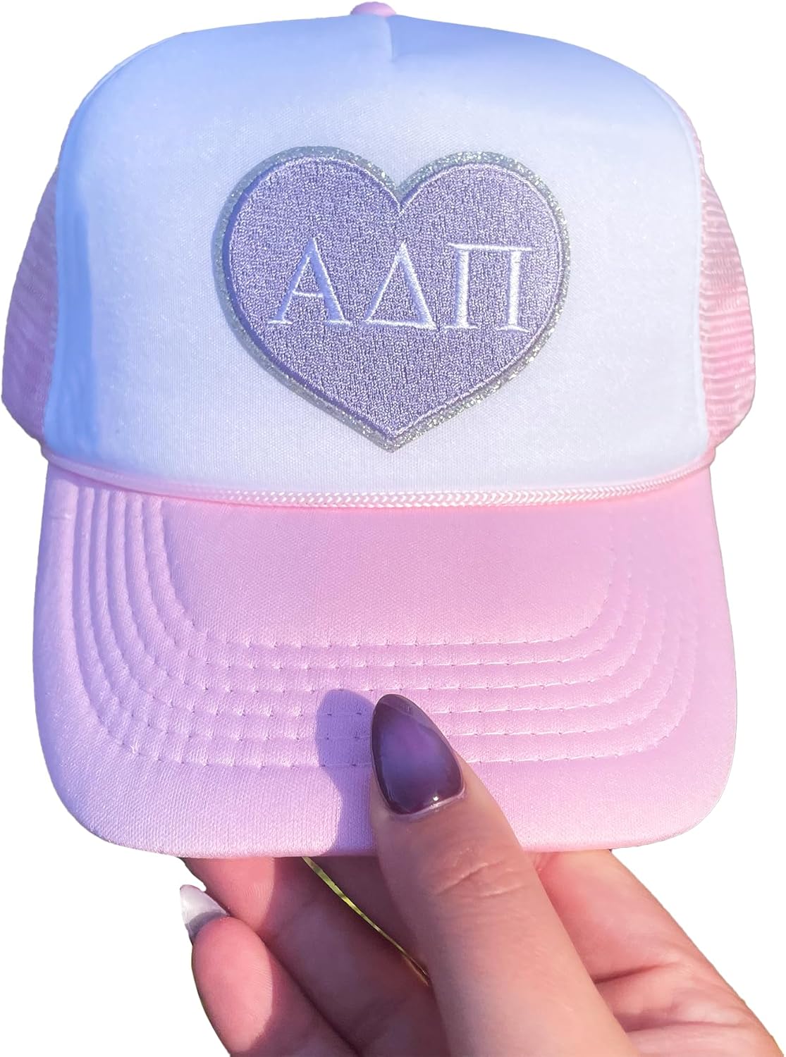 Go Greek Chic Sorority Letter Heart Patch Trucker Hat, Trendy Foam Front Cap with Mesh Back, Pink & White