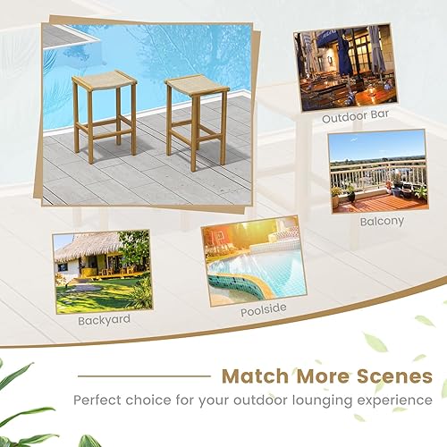 Miniatura 7 de Tangkula Juego de 2 taburetes de bar al aire libre, 30 pulgadas de alto de madera de acacia, taburetes de altura de barra resistentes con asiento de