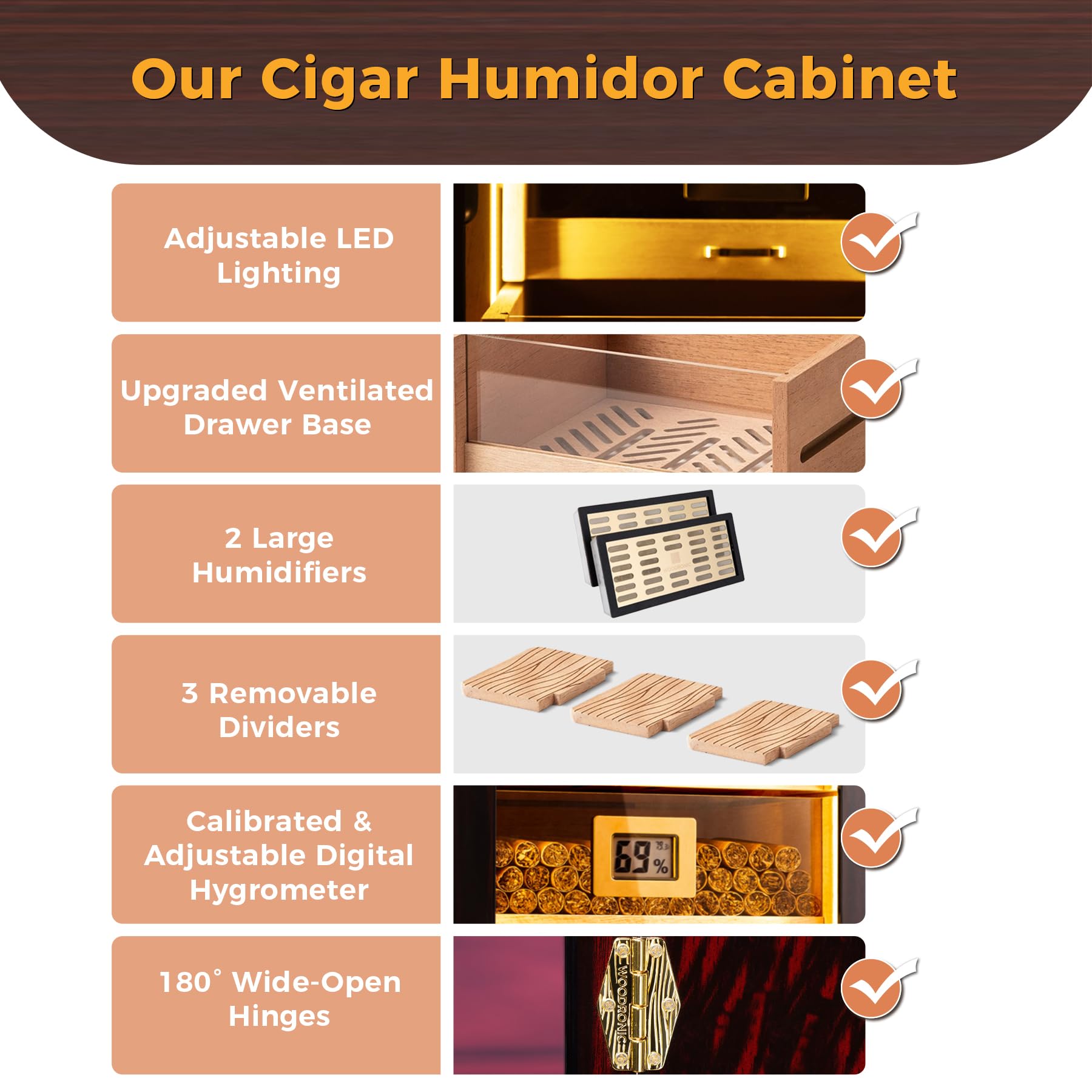 Woodronic Zigarren-Humidorschrank mit LED-Licht, magnetische Tür, 3 Schubladen und Trennwände aus spanischem Zedernholz, Zubehörschublade, digitales Hygrometer & Luftbefeuchter, glänzendes Ebenholz