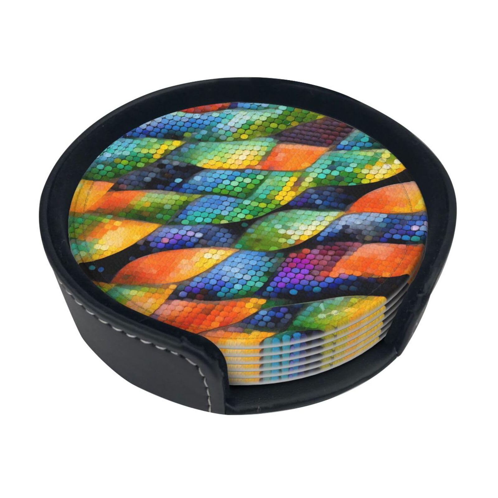 Cntdbu White Rainbow Fish Scale Leather Coasters Set Of 6-Pu Leather Drink Mats For Table, Heat Resistant Round Coasters With Holder