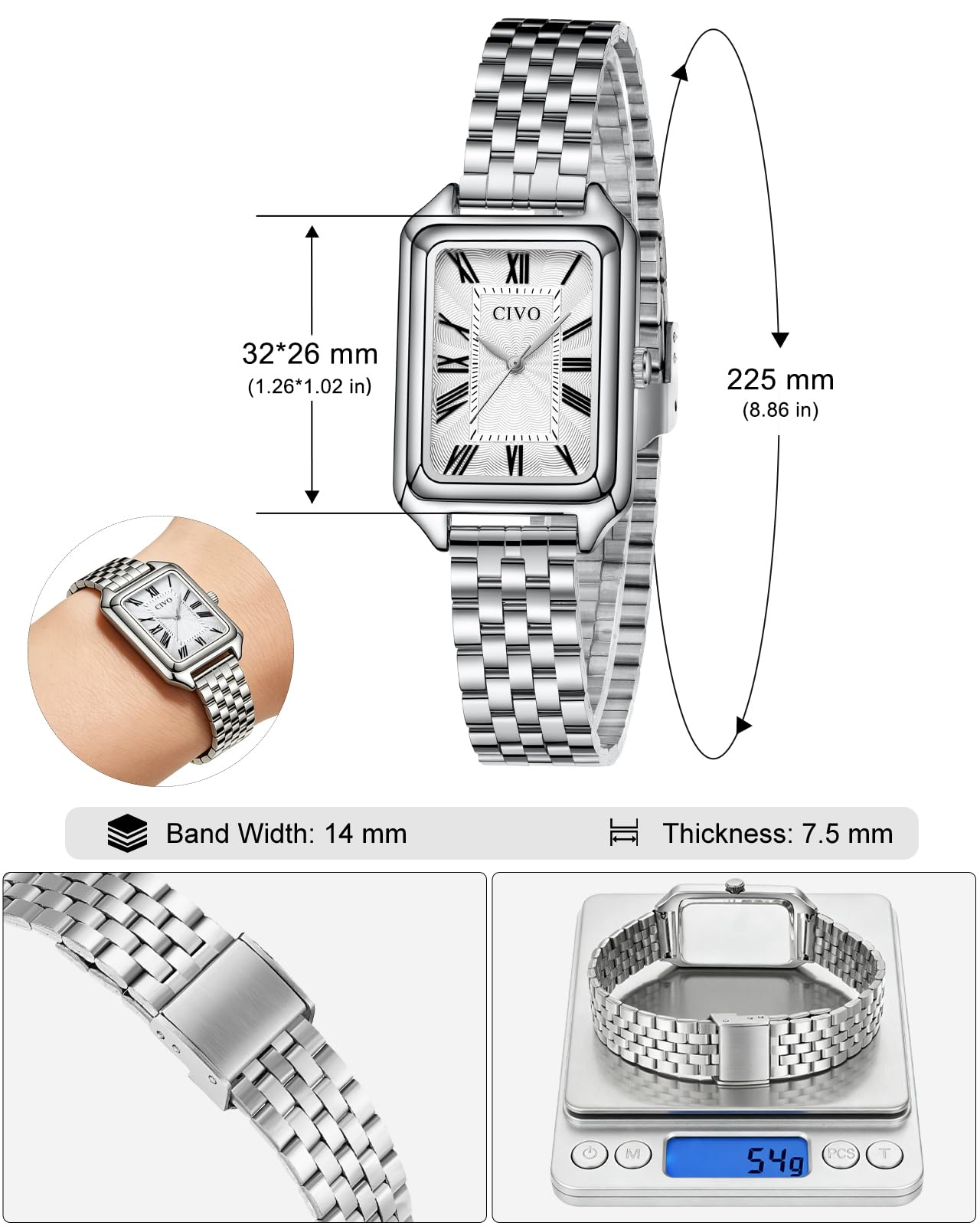 CIVO Reloj Mujer Vintage Rectangular: Esfera Números Romanos con Acero Inoxidable Dorado Plateado - Relojes de Pulsera Analogico de Cuarzo para Mujeres Regalo Aniversario