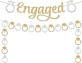 KatchOn, Pre-Strung Gold and Silver Glitter Engaged Banner - 2 String, 10 Feet No DIY | Engagement Party Decorations | Engagement Party Banner | Engagement Decorations, Bachelorette Party Decorations