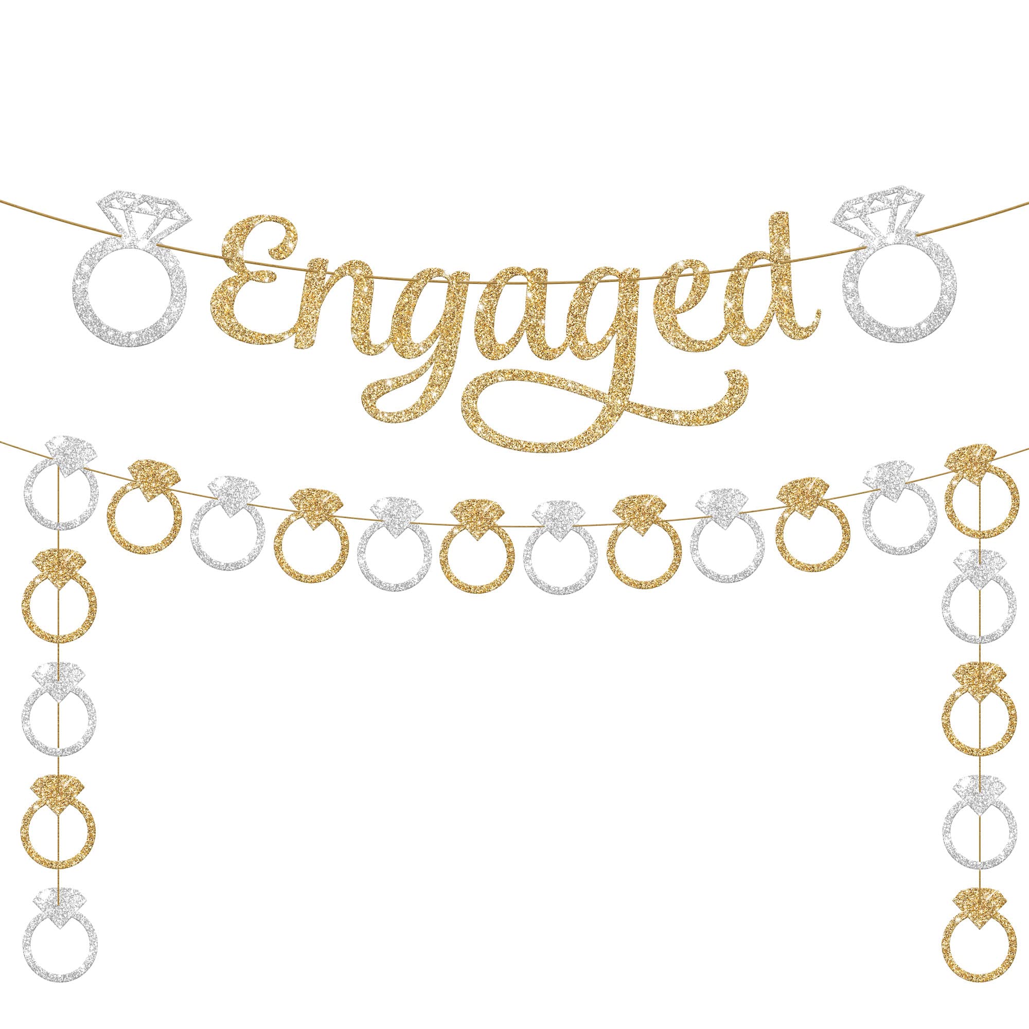 KatchOn, Pre-Strung Gold and Silver Glitter Engaged Banner - 2 String, 10 Feet, No DIY | Engagement Party Decorations | Banner for Bachelorette Party