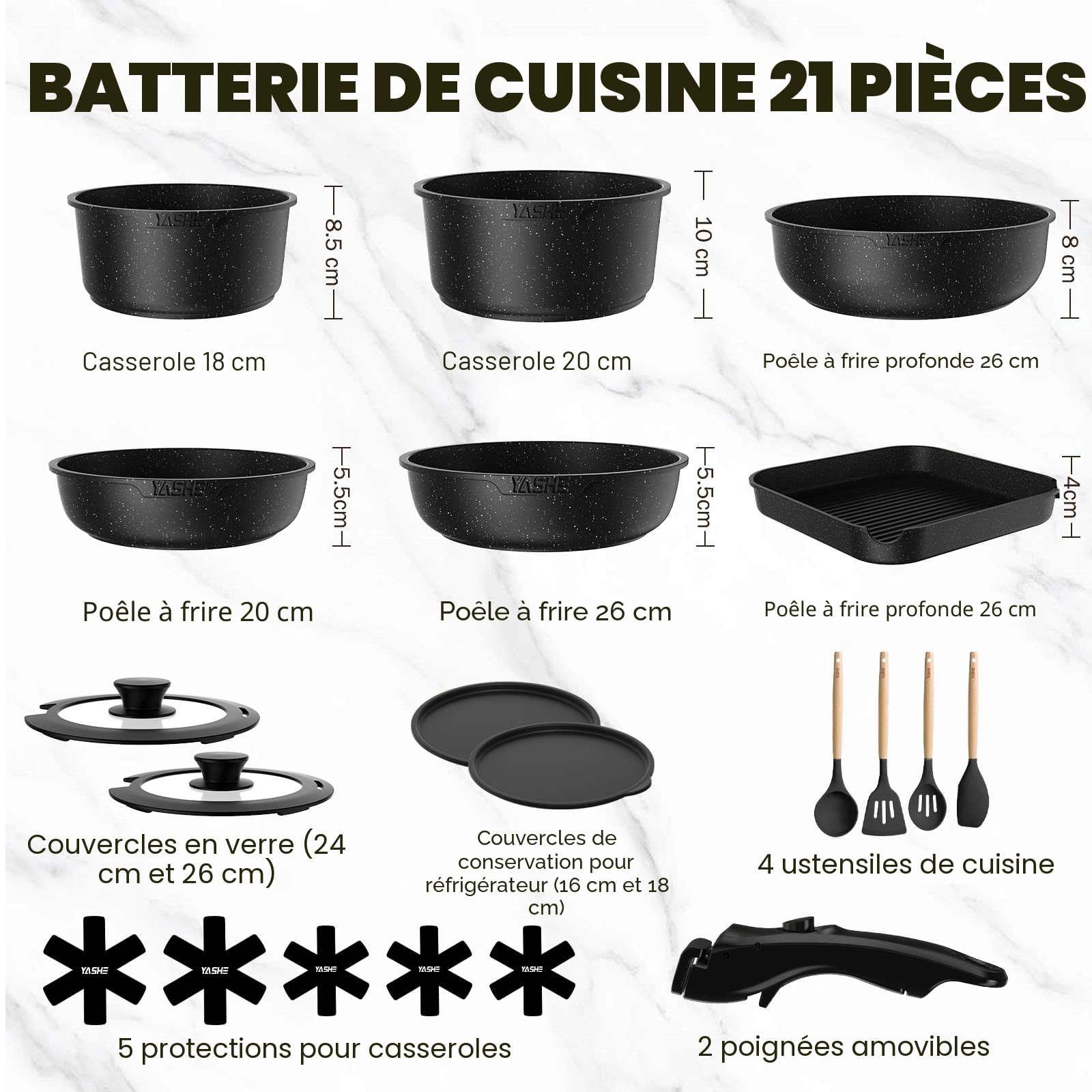 YASHE Batterie de cuisine 21 pièces, Ensemble de casseroles et poêles antiadhésifs, poignées amovibles, couvercles en verre, compatible induction, four, empilable,grise, Gris