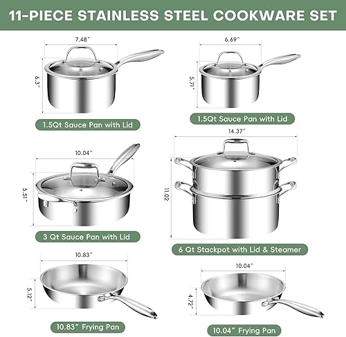 Miniatura 2 de Juego de ollas y sartenes de 11 piezas, acero inoxidable 1810, compatible con inducción, revestimiento sin PFOA, apto para lavavajillas, incluye