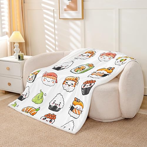Miniatura 3 de Manta con patrón de sushi de forro polar de estilo japonés para cama, sofá, niños, manta Kawaii con temática alimentaria, bonita manta de felpa de