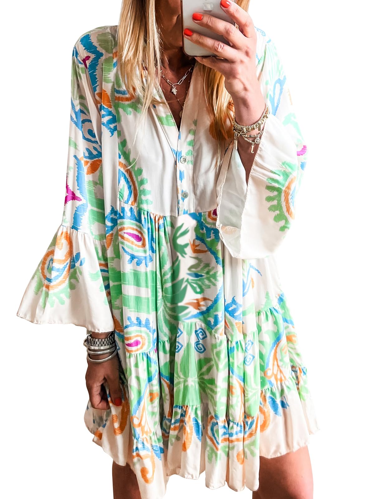 Womens Dress V Neck Buttoned 3/4 Sleeve Bohemian Tribal Mini Dresses