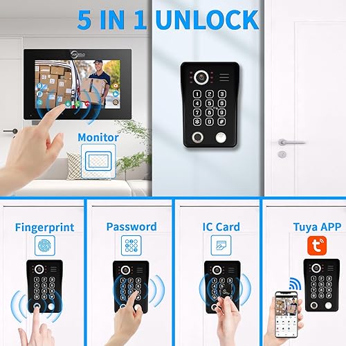 Miniatura 3 de Videoportero de apartamento, 2 unidades de 7 pulgadas con sistema de timbre de puerta con cable 1080P, compatible con huellas dactilares, tarjeta