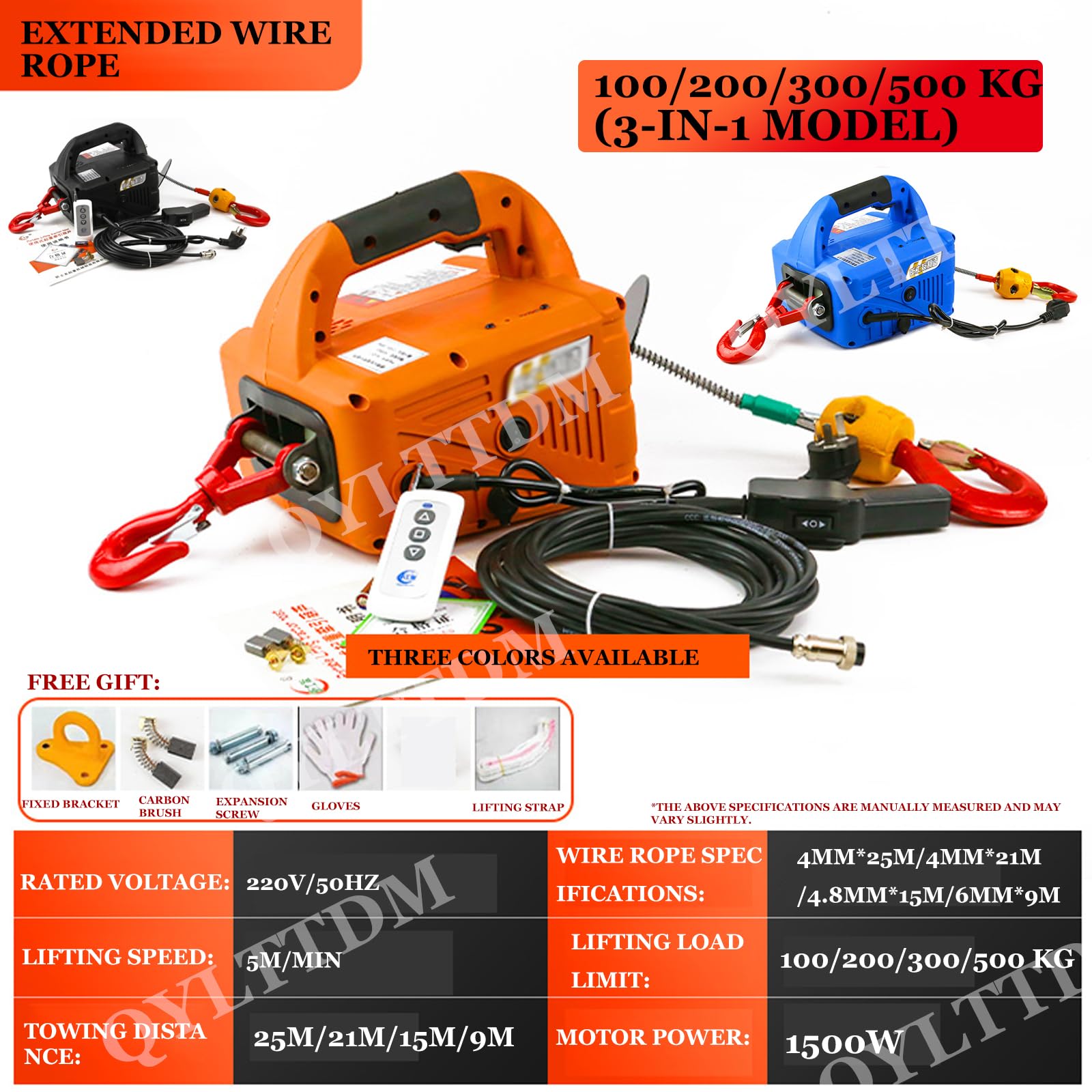 TYH Argano Elettrico Portatile, Argano Elettrico 3 in 1, Telecomando Cablato E Wireless 110 V/220 V, Protezione da Sovraccarico, Altezza di Sollevamento di 25 Piedi, Telecomando Manuale Via Cavo