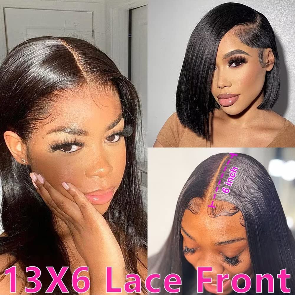 6Inch Deep Parting Lace Front Wig Short Bob Human Hair HD Transparent Lace Pre Plucked For Woman Bob Cut Lace Frontal Brazilian Virgin Hair Glueless Wigs Baby Hair Bleached Knots 150% Density