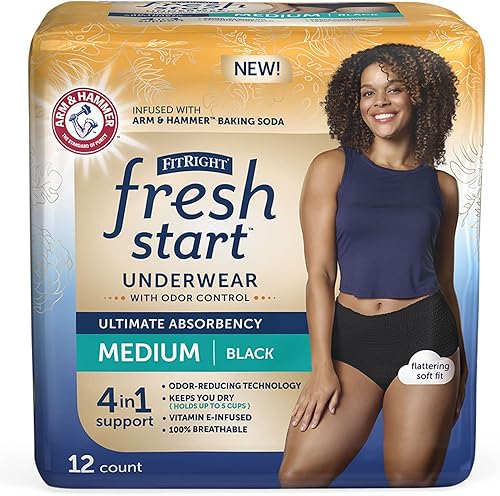 FitRight Fresh Start - Ropa interior para incontinencia y posparto para mujer, talla M, color negro (12 unidades), máxima absorción, ropa interior
