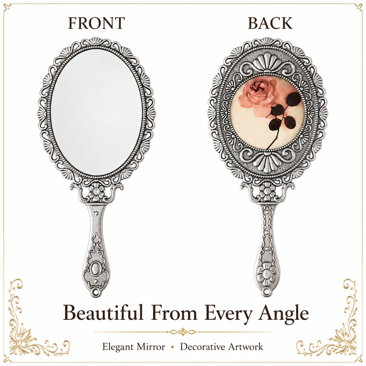SEHAMANO Handspiegel mit Griff, kompakter Hand-Make-up-Spiegel, Rose Kosmetikspiegel (mattes Silber)