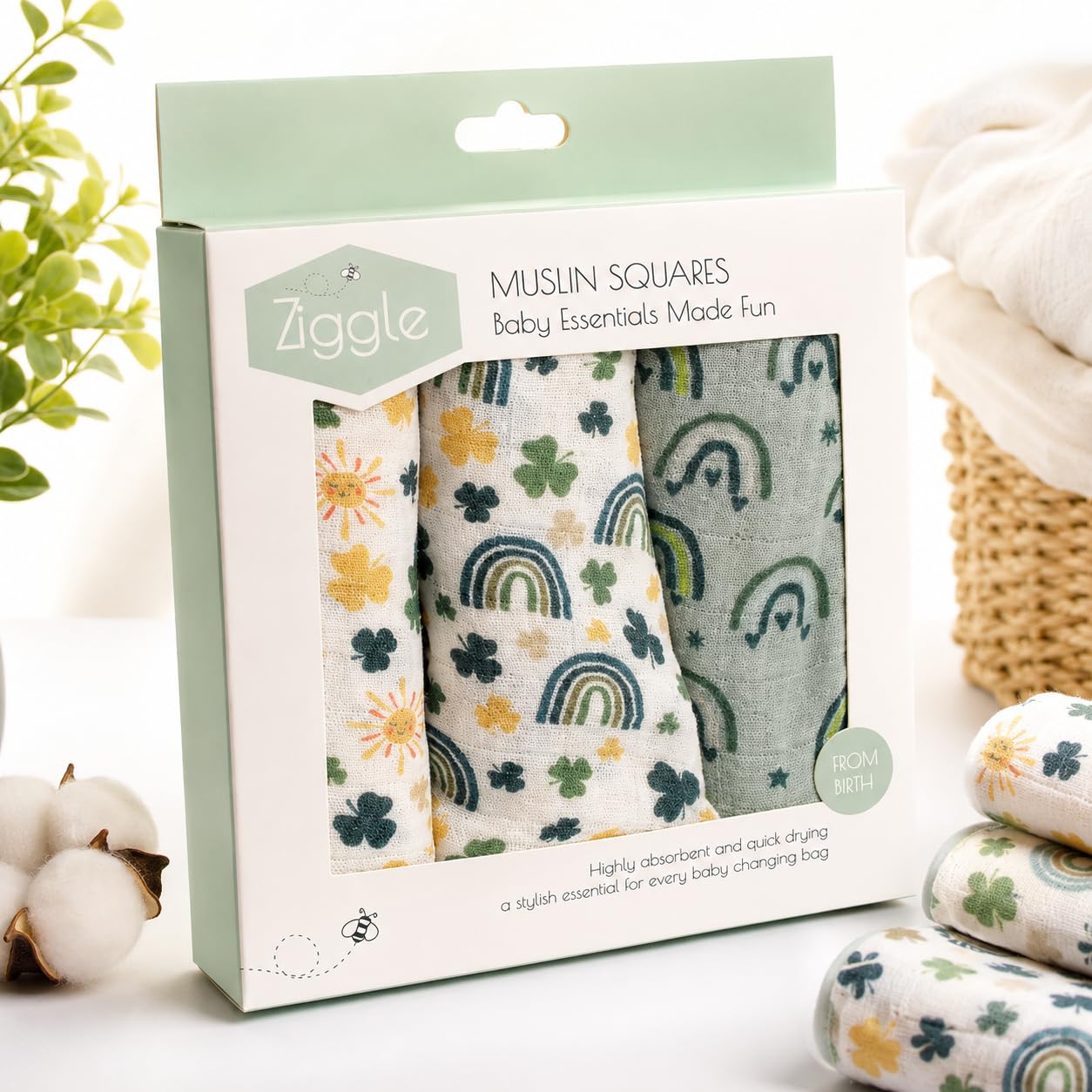 Ziggle Muslin Cloths for Baby, Luxury Large Muslin Squares 70x70 | Thick, Absorbent & Breathable Cotton | Newborn Essentials & Baby Muslins Blanket Gift (Country Life Muslin Set)