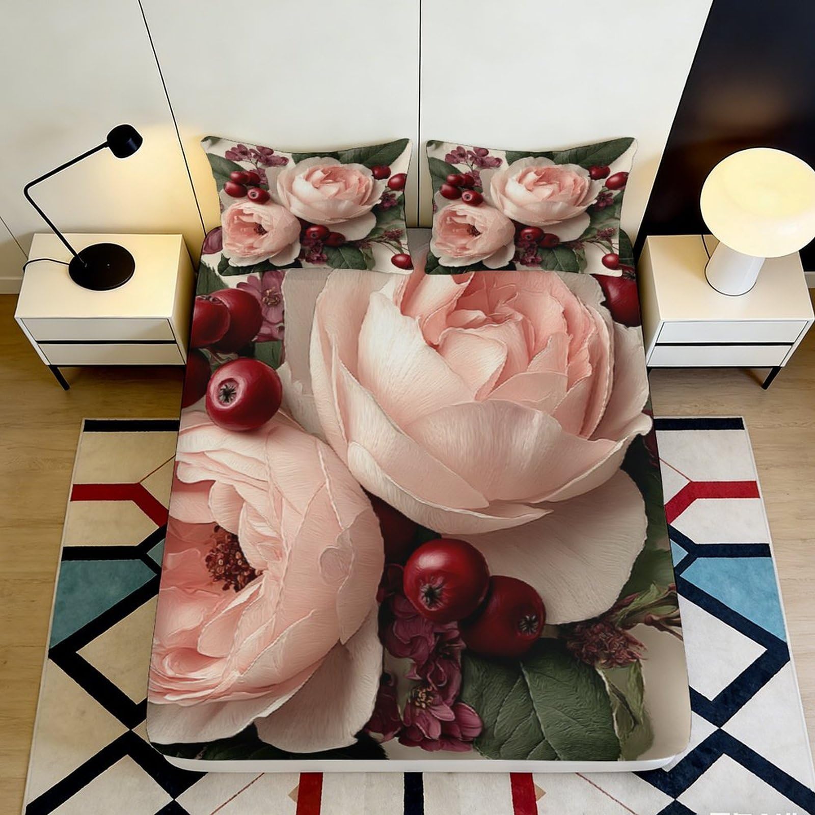 Dhbaneiok Style-3 3D Printed Pink Peony Floral Fitted Sheet Microfiber Soft Decorative Cherry Blossom Mattress Cover For Bedroom Guest Room 90X200x25cm