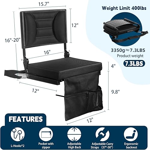 Miniatura 3 de Asiento de estadio extra ancho con respaldo Respaldo alto ajustable y acolchado grueso Sillas gradas con respaldo y cojín, incluye soporte