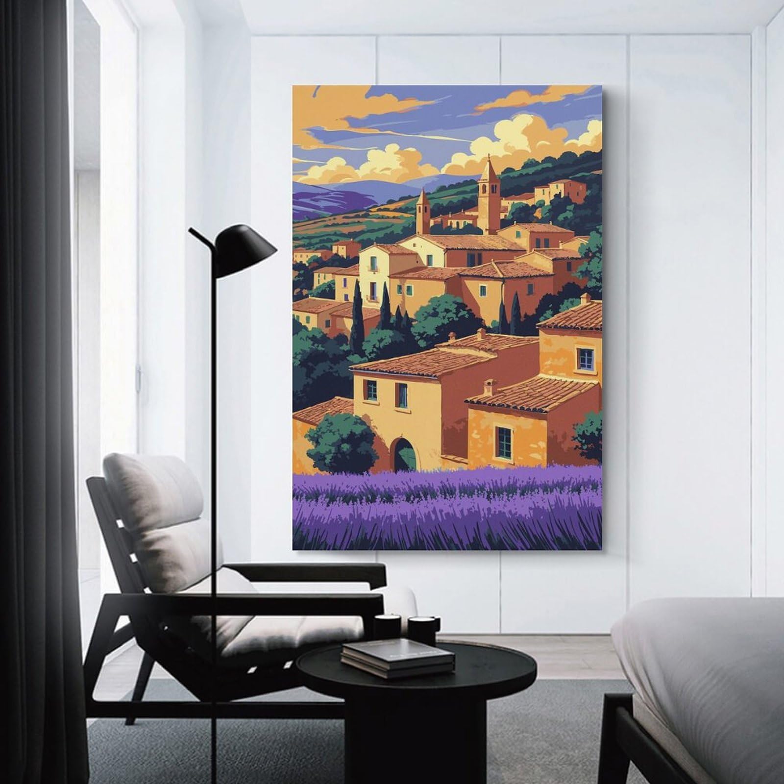 Junmoney Decorative Wall Artwork Picturesque Village Landscape with Lavender Field, 24x36inch(60x90cm), for Calm Bedrooms, Home Corners Or Flats, An Easy Wall Refresh for Bedrooms