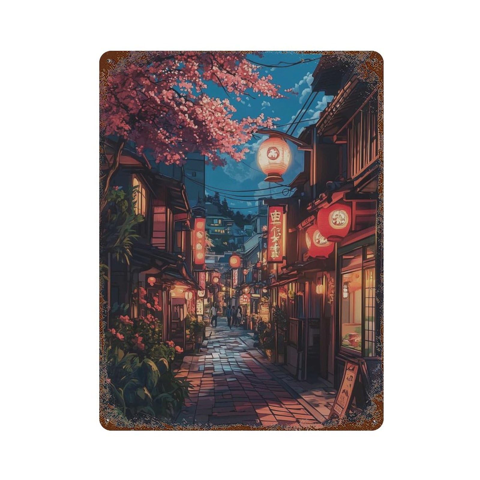 xiaoxiaoshen Serene Tokyo Night Cherry Blossom Japan Street Lantern Lit Alley Cityscape Japan Wall Decor Art Metal Tin Poster Modern Home Decor Art Home Bar Shop Decorations Vintage Sign 40x30cm