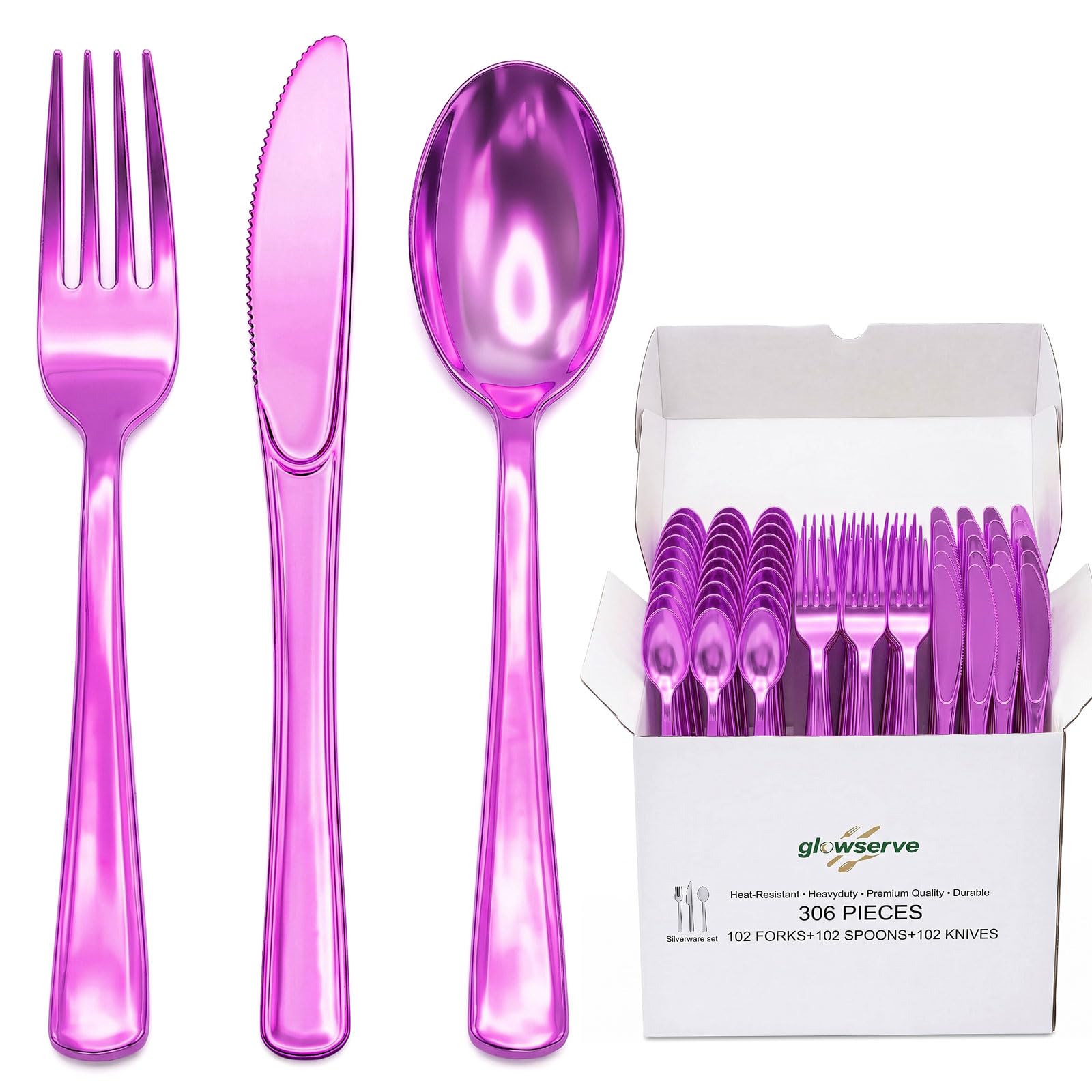 Glowserve 306 Pack Purple Disposable Plastic Silverware Set Cutlery Set | Includes 102 Forks,Knives and Spoons,Plastic Utensils Set,for Party Dinner,Holiday Wedding,Gathering Daily Use