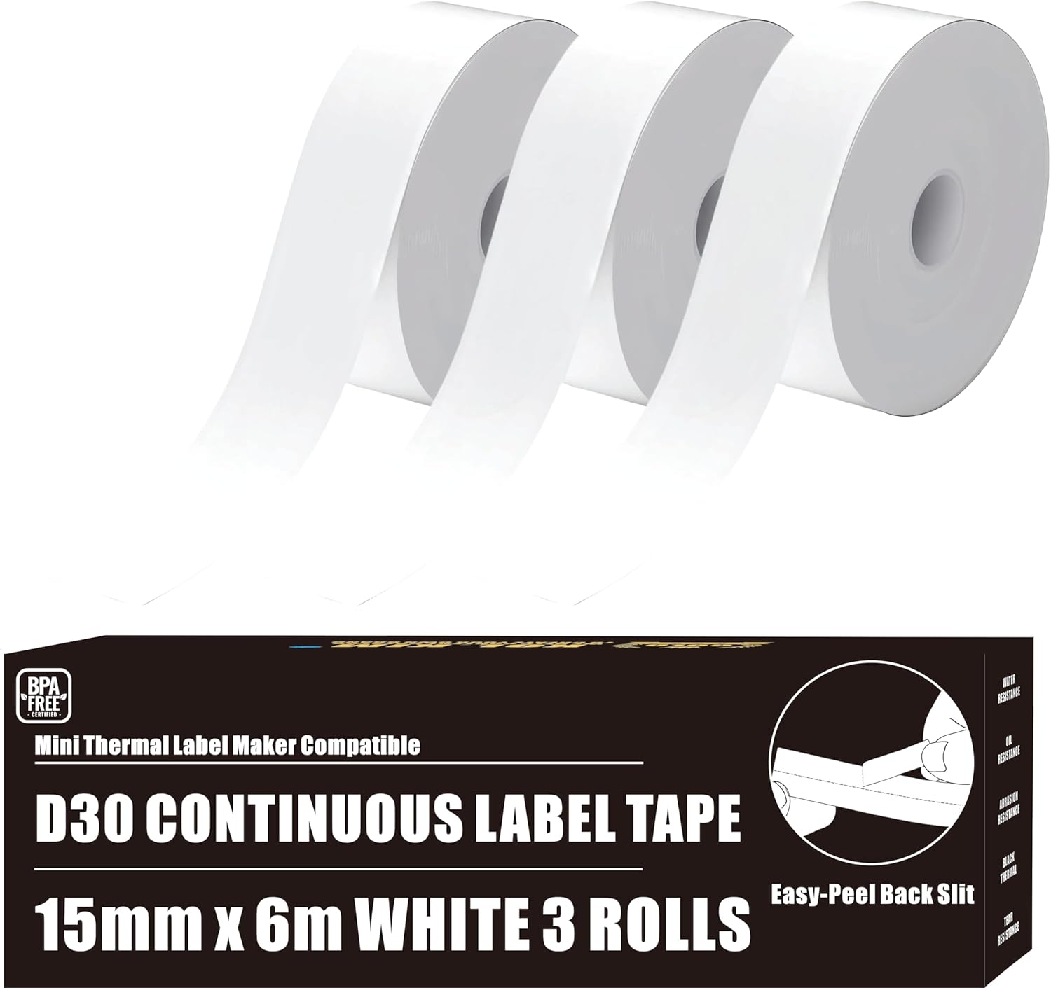 D30 Labels Waterproof Oilproof Compatible for Phomemo Continuous Non-Precut Labels for Phomemo D30 Label Tape for Vretti HP3 HP4 HP6 Print Master Refill D35 Q30 White Continuous 3 Rolls 15mm x 6m