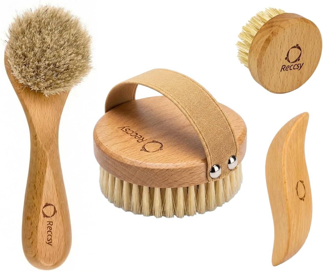 4pcs Dry Brushing Body Brush Set for Lymphatic Drainage-Natural Bristle Dry Skin Brush +Facial Dry Brush for Face+Dry Skin Exfoliating Scrubber+Wood Therapy Massage Tool. Gua Sha, Anti-Cellulite.