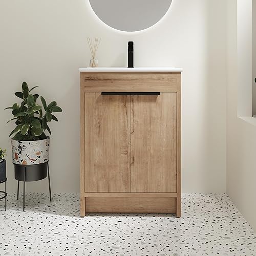 Pvillez Conjunto de tocador de baño de 24 pulgadas con lavabo, armario de baño con pedestal de 24 pulgadas con parte superior de fregadero de