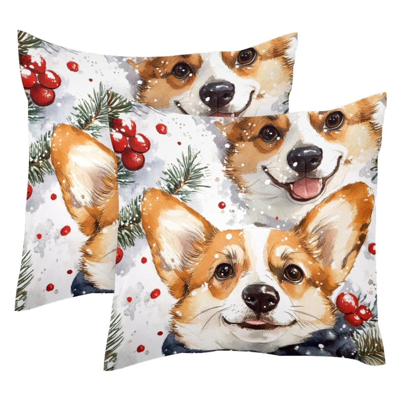Housse de coussin Noël Corgi velours 50x50 cm, lot de 2