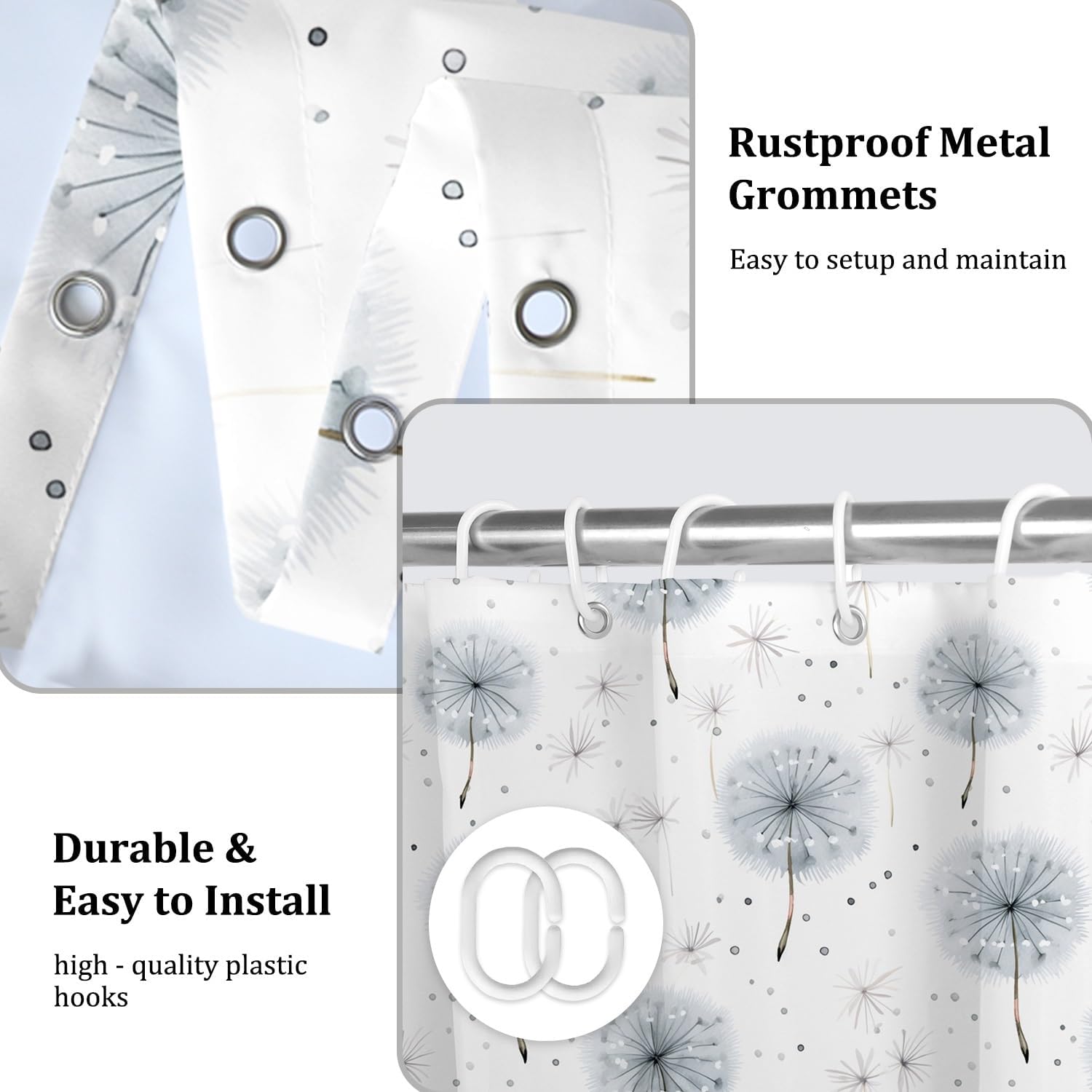 Rustic Dandelion Floral Shower Curtain Watercolor Blue Gray Wild Flowers Bathroom Curtain Bathtub Decor Nature Botanical Plants Waterproof Fabric Shower Curtains Set with Hooks,72x72inch