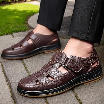 Men's leather sandals Summer Hollow-Out Casual Shoes, Top Layer Cowhide Upper, Comfortable & Durable, Non-Slip Rubber Sole, Breathable Beach Sandals for Hiking & Outdoor Activities