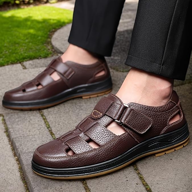 Men's leather sandals Summer Hollow-Out Casual Shoes, Top Layer Cowhide Upper, Comfortable & Durable, Non-Slip Rubber Sole, Breathable Beach Sandals for Hiking & Outdoor Activities