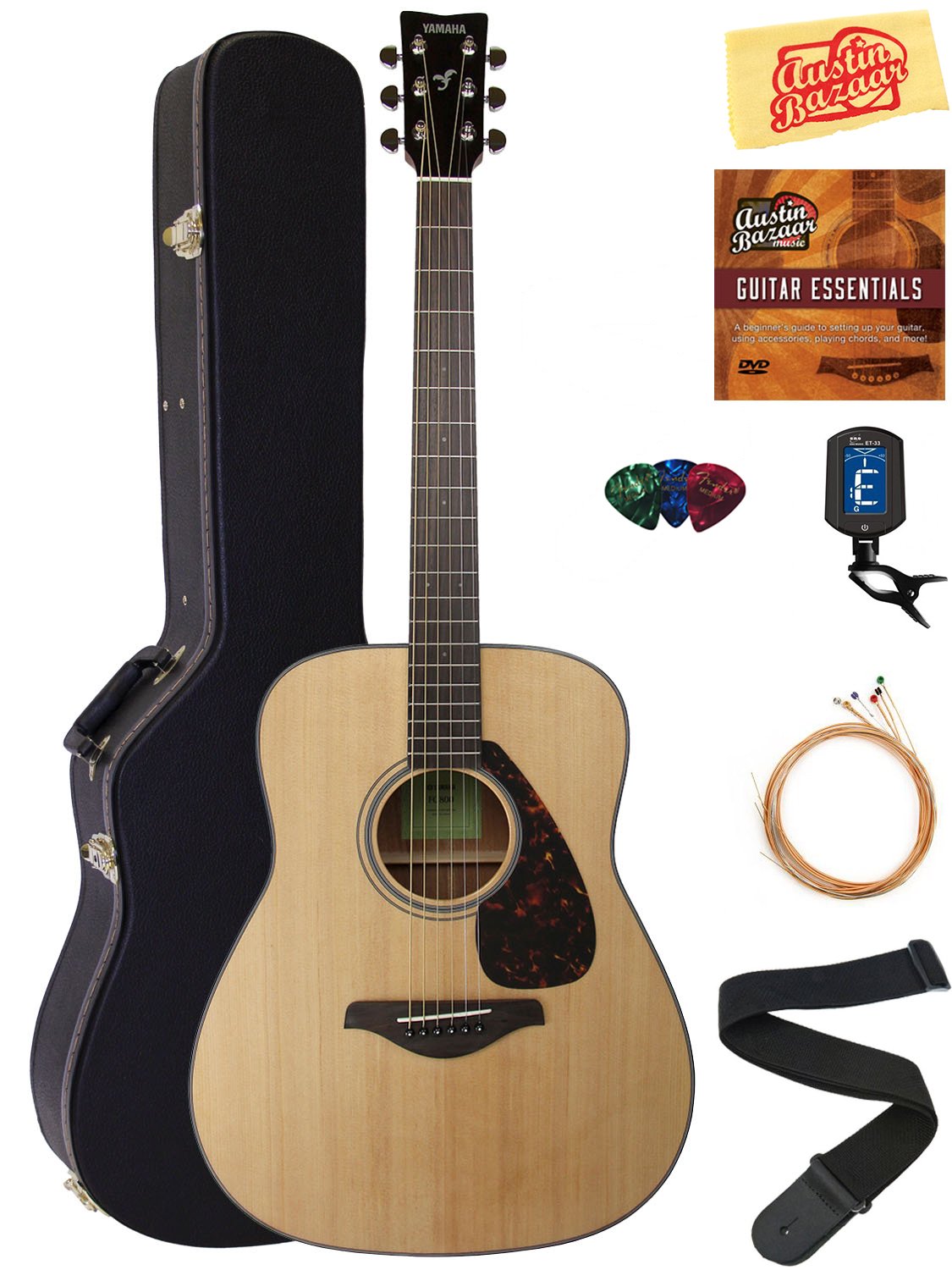 Yamaha FG800 Solid Top Folk Acoustic Guitar Natural Bundle with Hard